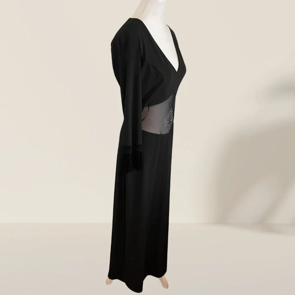 Vintage CDC Elegant Black Evening Gown with Sheer Mesh Panel & Fringe Sleeve